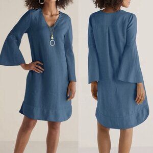 Soft Surroundings Bell Sleeve Shift Dress 100% Linen Blue V-Neck Size LP